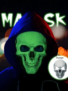 1pc Halloween Glow-In-The-Dark Skeleton Mask, Made Of Long-Lasting Phosphorescent Material, Absorbs Light During The Day And Under Light, Automatically Glows After Lights Off, Halloween Costume, Christmas Horror Theme, Day Of The Dead Party; Escape Room Prop, Haunted House Performance, Mystery Game, Electronic Music Festival, Comic Convention Cosplay - View 2