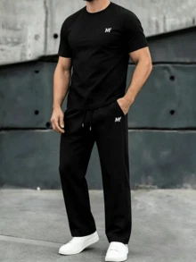 2pcs/Set Men's Letter Print Knit Crew Neck Short Sleeve T-Shirt And Loose Straight Leg Casual Pants, Suitable For Spring/Summer, Comfortable Style - Black - View 3