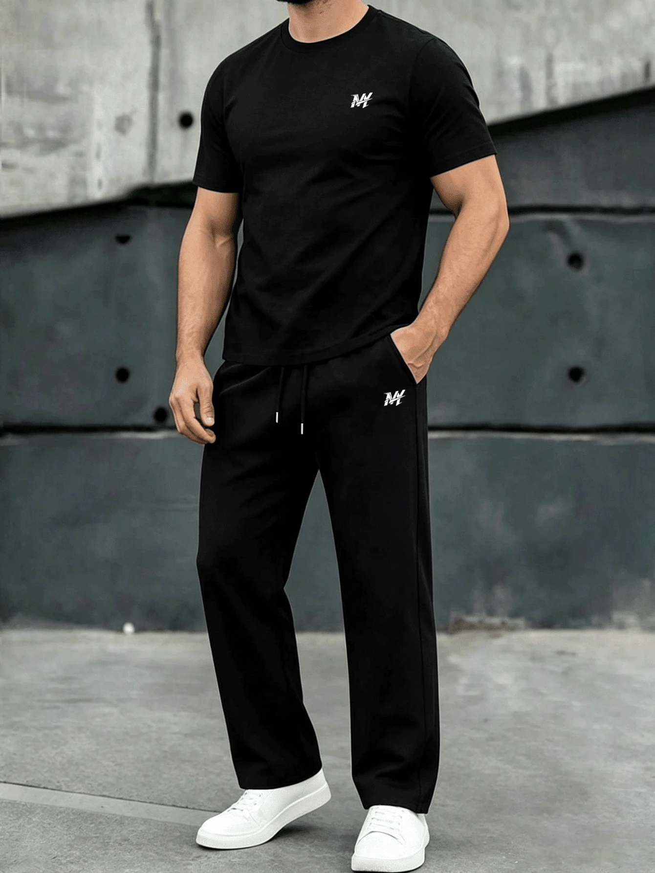 2pcs/Set Men's Letter Print Knit Crew Neck Short Sleeve T-Shirt And Loose Straight Leg Casual Pants, Suitable For Spring/Summer, Comfortable Style - Black - View 1