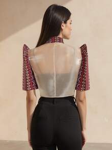 1pc Women's Fashion Translucent Fabric Patchwork Stand Collar Design Elegant Style Butterfly Sleeve Petal Sleeve Top - Merah - View 2