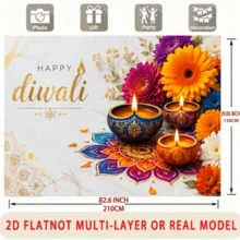 2D Flat Light Festival Theme Party Banner Background With "Happy Diwali" Theme, Featuring Traditional Oil Lamps, Colorful Flowers, Mandala Patterns And Golden Decorative Elements, Made Of Durable Polyester Material, No Power Required - 1 - View 5
