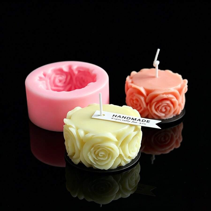1件裝玫瑰花圓柱形蠟燭矽膠模具,適用於翻糖、手工皂、樹脂手工藝、裝飾 - 粉紅色 - 查看 1