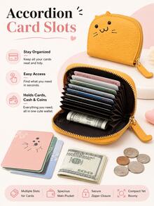 Cute Cartoon Cat Coin Purse Mini Zipper Card Holder Portable PU Leather Small Change Pouch For Women Girls Daily Use Gift, Travel Accessories - Multicolor - View 2