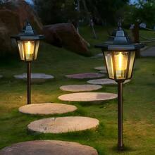 2 In 1 Vintage Solar Hanging Lantern Lights With Ground Spike, Waterproof Warm LED Outdoor Solar Lamp, Auto On/Off Retro Glass Lantern Decor For Garden Lawn Pathway Patio Backyard Yard Holiday Party Landscape Lighting Gift - Black - View 1