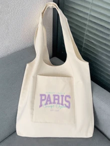 大容量時尚簡約印花帆布包「PARIS 1789」印花圖案，送給家人與朋友的完美禮物 - 米色 - 查看 6