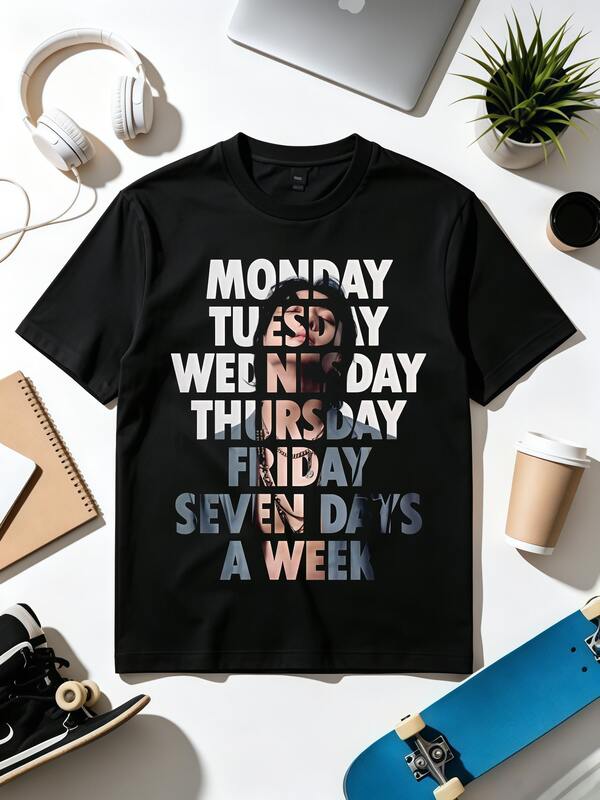 Jungkook Seven Days A Week Monday To Friday Hohles Text-Overlay Porträt-Grafik-T-Shirt Virales Solo-Single-Fan- Lässiges Kurzarm-Oberteil. Weicher Stoff, lockeres Alltags-Freizeit-T-Shirt.