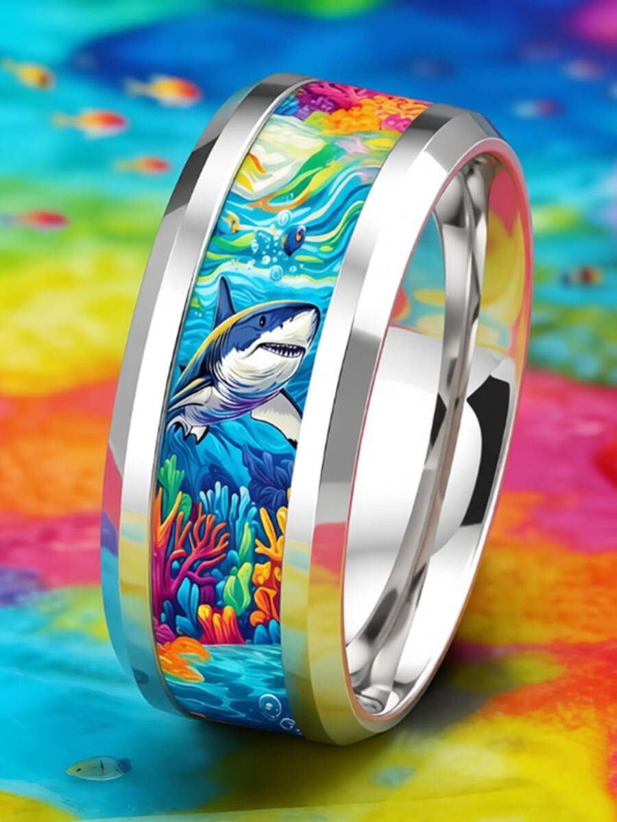 1 PC Fashion Stainless Steel Rings For Men Ocean-Style Great White Shark And Coral Pattern Design Men Rings Jewelry Accessories Everyday Jewelry Gift - Silver - View 1