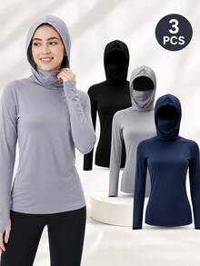 OKP 3 Pack Summer Outdoor UPF 50+ Sun Shirts For Women Hooded With Mask Breathable Quick Dry Athletic Sportswear Tee - Multicolor - View 3