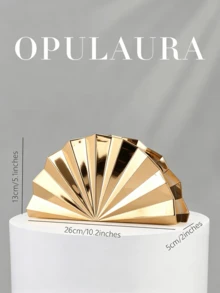 OpulAura 欧美时尚金属光泽扇形设计女士手拿包，几何盒形手提包，磁扣开合，完美适用于派对、婚礼、毕业典礼、晚宴、生日、舞会等场合。 - 金色 - 查看 3