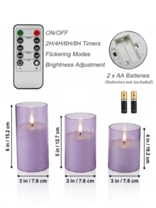 1/2/3件裝無焰蠟燭燈，附遙控器/定時功能，電池供電，暖光照明；適用於桌面裝飾，適用於聖誕節、萬聖節、情人節、母親節、生日、求婚、婚禮、愚人節、餐桌、派對及各種節日。(淺紫色，3英吋 X 4英吋 5英吋 6英吋) - 淡紫色 - 查看 7