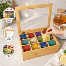 Teebeutel Organizer aus Bambus mit 12 großen Fächern und Sichtfenster, natürliche Teekiste für Küche, Büro, Teebeutel, Kaffeekapseln, Schmuck, Snacks und Bastelzubehör, praktische Aufbewahrungsbox, 28 - Beige - Übersicht 5