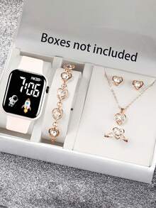 6pcs/Pink Heart-Shaped Full Jewelry Set + Astronaut/Rocket Digital Display Electronic Watch Complete Set, Sweet And Energetic, Versatile For Students And Daily Commute, One Set To Complete Your Outfit Accessories. Suitable For Parties, Dates, Outings And Various Holidays - Multicolor - View 13