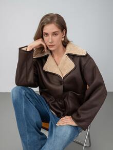 HZXVIC Women's Winter New American Retro Lambhair Inner Loose Shoulder Collar Motorcycle PU Jacket Coat - Brown - View 5
