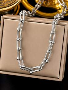 OBOVAY Fashion Casual Round Bead Decor Gold Geometric Chain Necklace, Suitable For Women's Daily Layering Wear - Multicolor - View 7