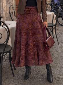 Rok Wanita Bermotif Bunga dengan Pinggang Berkerut, Modis dan Elegan - Burgundy - View 5