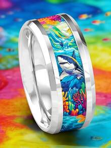 1 PC Fashion Stainless Steel Rings For Men Ocean-Style Great White Shark And Coral Pattern Design Men Rings Jewelry Accessories Everyday Jewelry Gift - Silver - View 6