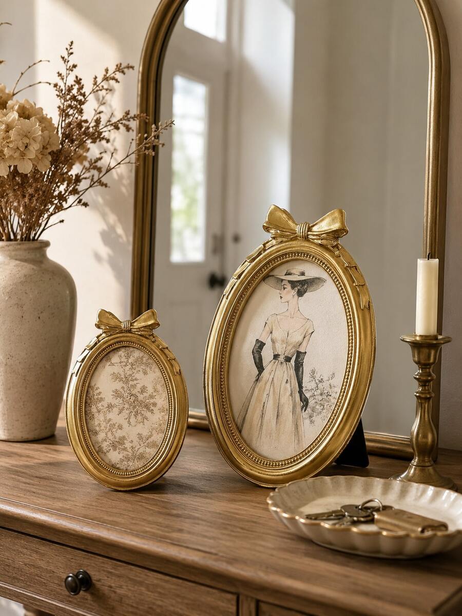 Vintage Gold Bow Oval Photo Frame, French Resin Picture Frame, Suitable For Wedding Photos, Portraits, Vanity, Bedroom, Living Room And Home Decor Gift - Multiple Models - View 1