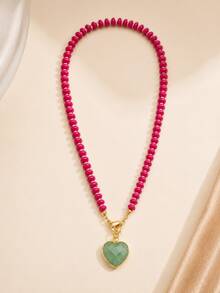 1pc Bohemian Vintage Heart-Shaped Beaded Chunky Necklace For Women, Suitable For Daily Layering - Multicolor - View 2