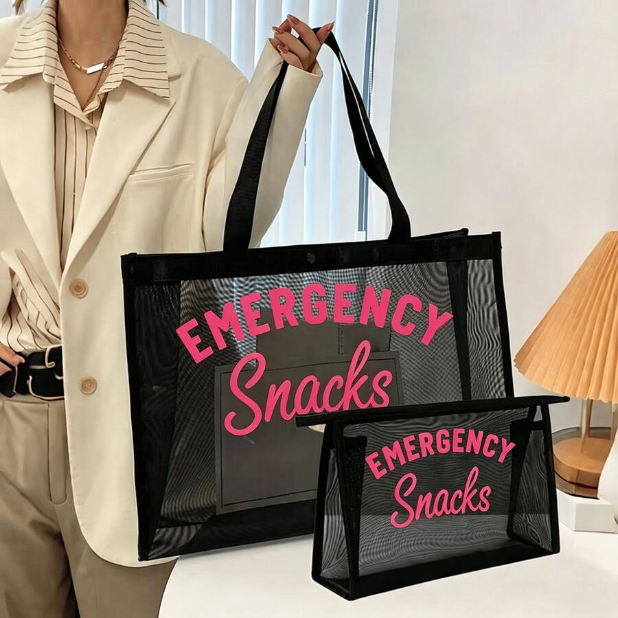 2pcs Black Mesh Makeup Bag, Large Beach Storage Bag, Pink Text Print, Travel Toiletry Bag, Outdoor Summer Vacation Shopping Gift - Black - View 1