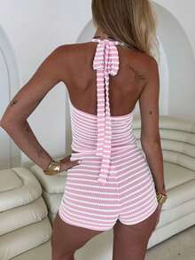 Knitted Striped Colorblock Resin Decor Hollow Halter Neck Bikini Shorts 2 Pieces Set - Pink - View 2