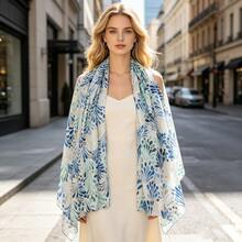 Women's Luxury Gold Foil Watercolor Leaf Print Scarf, Soft Atmosphere Versatile Decorative Shawl, Pink Orange Warm / Yellow Orange Sunset / Ice Blue Fresh / Forest Green / Morandi Earth Tone Multi-Color Options, Fringed Long Polyester Fiber Skin-Friendly Soft Large Size 88x180cm, Spring Summer Autumn Three-Season Multi-Use Silk Scarf, Daily Commute Beach Vacation Travel Photo Outfit Accessory - Multicolor - View 4