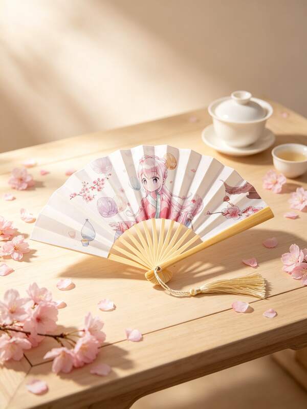 1pc Bamboo Folding Hand Fan, Anime Sakura Girl Print, Traditional Chinese Style With Gold Tassel, Hanfu Cosplay Summer Party Accessory