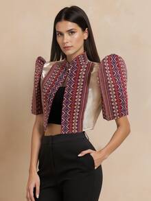1pc Women's Fashion Translucent Fabric Patchwork Stand Collar Design Elegant Style Butterfly Sleeve Petal Sleeve Top - Merah - View 1