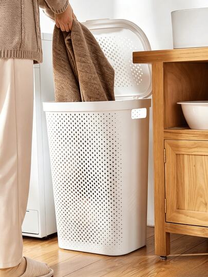 Plastic Laundry Hamper With Lid, Ventilated Hole Dirty Clothes Storage Basket, Large Capacity Dustproof Laundry Bin For Bathroom Bedroom Laundry Room, Breathable Clothes Organizer Basket