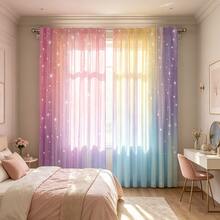 2 Stück weiche Regenbogen-Stern-Dekoration-Vorhänge, Stangendesign, geeignet für Schlafzimmer, Wohnzimmer und Bürodekoration, Polyester-Material, Digitaldruck, Heimdekoration, maschinenwaschbar, gute Lichtdurchlässigkeit, 2D-Flachdruck, 90 g/m² - Verschiedenfarbig - Übersicht 2