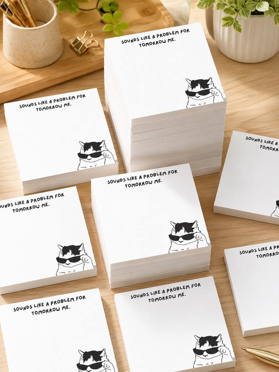 3/1pc White Humorous Quote Memo Pad, Sarcastic Office Humor, Premium Thick Paper Rectangular, Cool Fashionable Glasses Cat Pattern, Task Delay Message Note, Aesthetic Stationery, Desk Decor, Suitable For Colleagues, Adults, Office Workspace Arrangement, Daily Use After Returning To Work - one-size - View 1