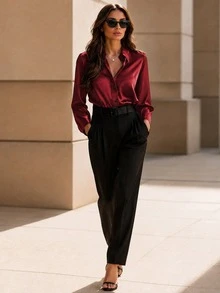 優雅通勤女款紅色緞面長袖襯衫，新款高級質感翻領輕奢亮面修身上衣 - 紅色 - 查看 6