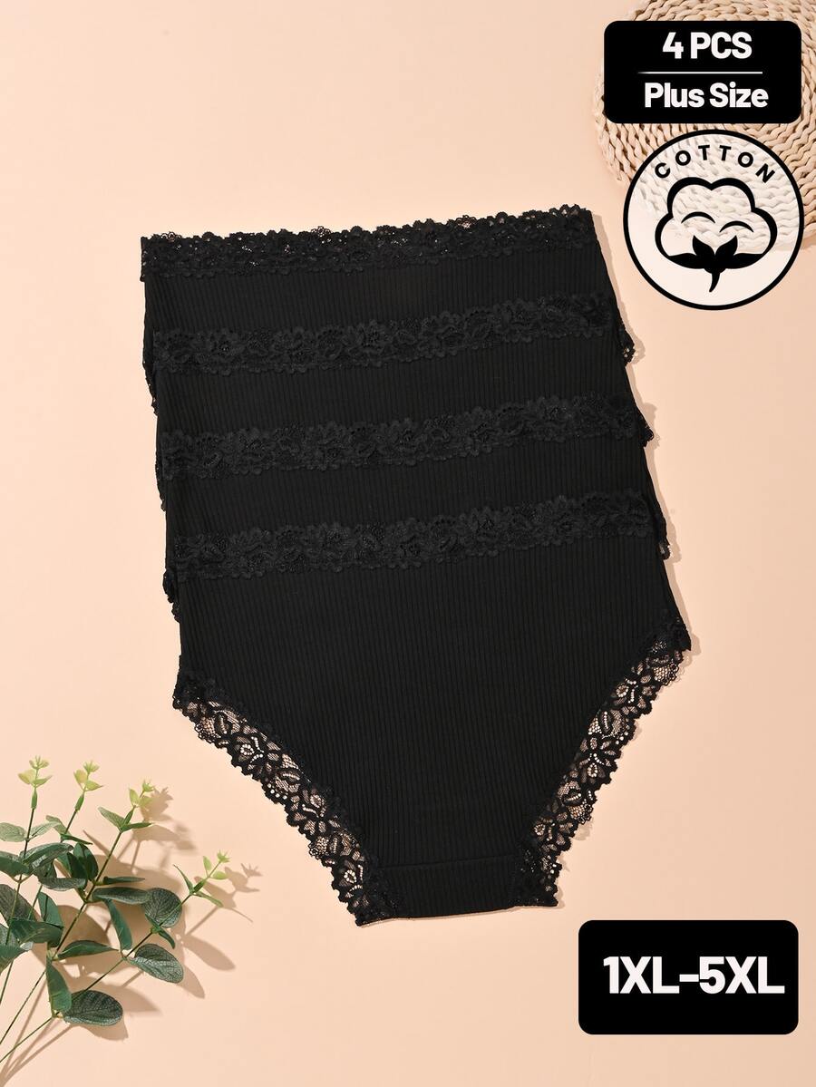 4pcs Plus Size For Solid Black Cotton Ribbed Lace Patchwork Sexy & Comfortable Women's Panties, Suitable For Valentine's Day, Daily Wear - Black - View 1