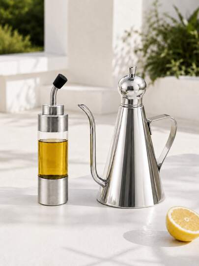 1 chai đựng dầu bằng thép không gỉ, bình đựng gia vị dạng lỏng cho nhà bếp có vòi rót dùng cho dầu ăn, giấm, nước sốt, bàn ăn và nhà hàng