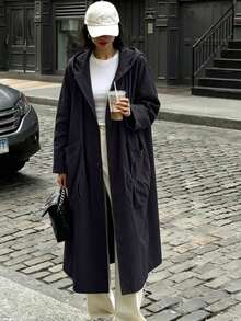 Women's Spring/Summer Artistic Chinese Style Oversized Fabric Thin Transparent Long Trench Coat With Large Pockets, Hooded Casual Versatile Elegant - Black - View 1