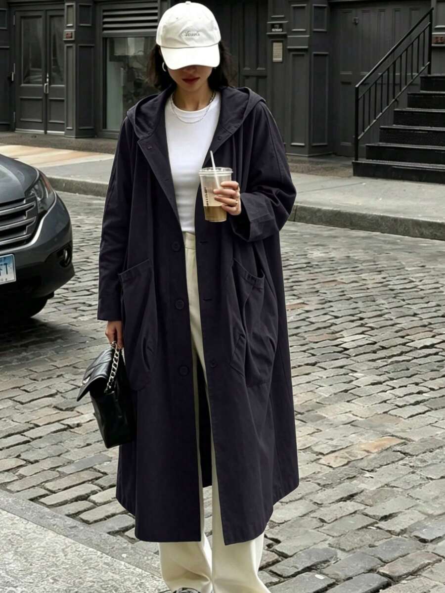 Women's Spring/Summer Artistic Chinese Style Oversized Fabric Thin Transparent Long Trench Coat With Large Pockets, Hooded Casual Versatile Elegant - Black - View 1