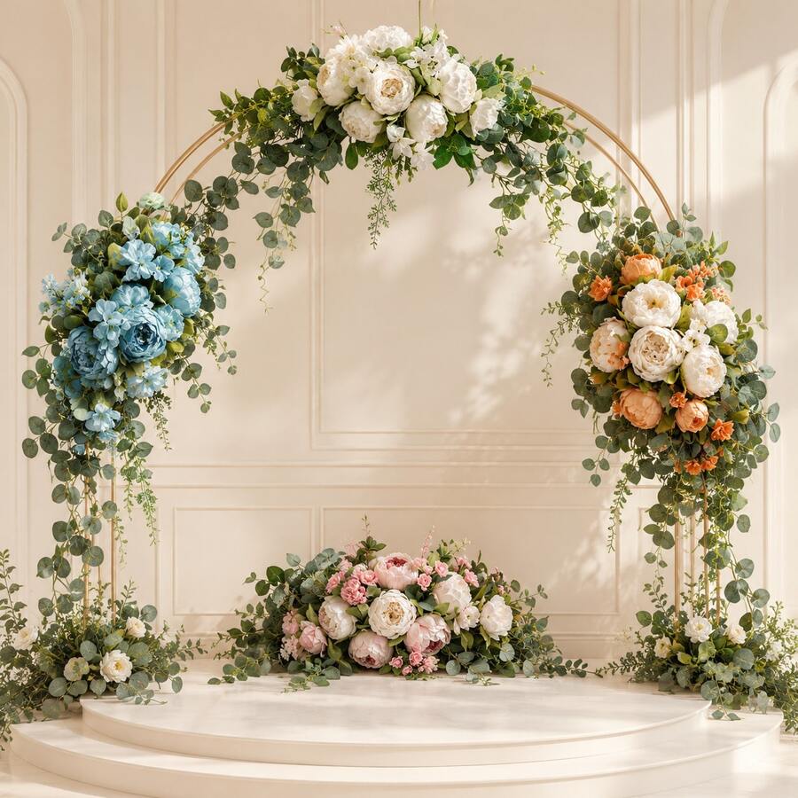Grappe de fleurs artificielles avec feuilles d'eucalyptus vertes, guirlande d'arche florale factice, décoration de mariage, arrangement floral de table, convient pour la porte d'entrée, le mur de la maison, l'extérieur, la boutique, le style ferme, le fond de photographie, la décoration de fête, 4 couleurs rose blanc orange bleu, décor de vacances, clôture de jardin, célébration, cadeau - 1 pièce - Voir 1