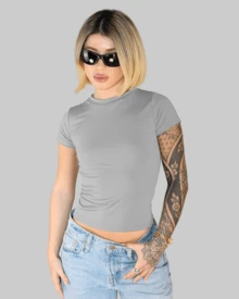 Women's Summer Cropped T-Shirt With Short Sleeves And Round Neck, Slim Fit, Solid Color, Aitona - 淺灰色 - 查看 1