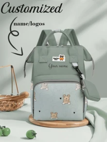客製化姓名文字肩帶媽媽包，多口袋大容量尼龍材質旅行包，女性旅行禮物，泰迪熊設計 - 綠色 - 查看 2