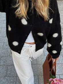 Women's Autumn/Winter Casual Polka Dot Thick Cardigan - Black - View 4