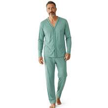 Men's Open Button Pajamas With Long Sleeves And Long Pants For Winter Post-Surgical Use In Knit Fabric - Verde - Ver 1