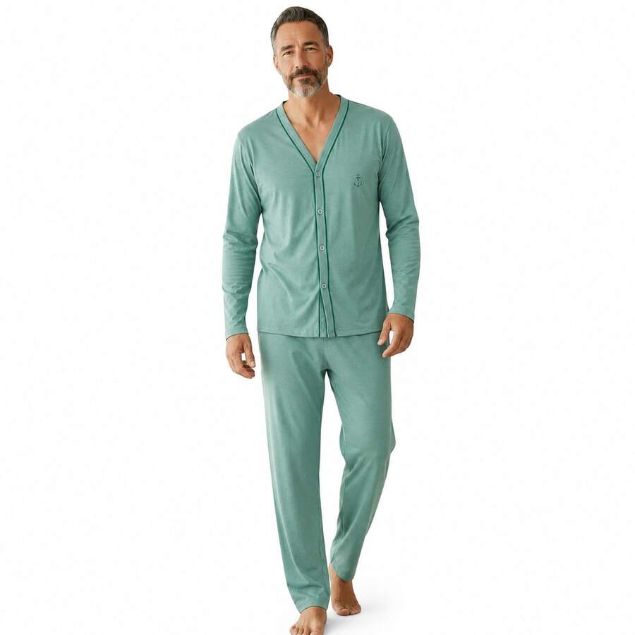 Men's Open Button Pajamas With Long Sleeves And Long Pants For Winter Post-Surgical Use In Knit Fabric - Verde - Ver 1