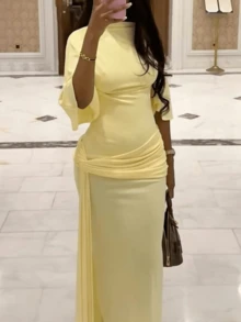 Elegant French Design Fashionable Backless Layered Decor Long Ribbon Dress - Yellow - View 9