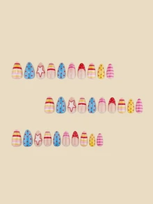 30pcs Pink Striped Polka Dot Star Fake Nails, Summer Nail Art Supplies, Square Nail, Y2K Style Nail Art, Almond Nail - Watermelon Pink - View 2