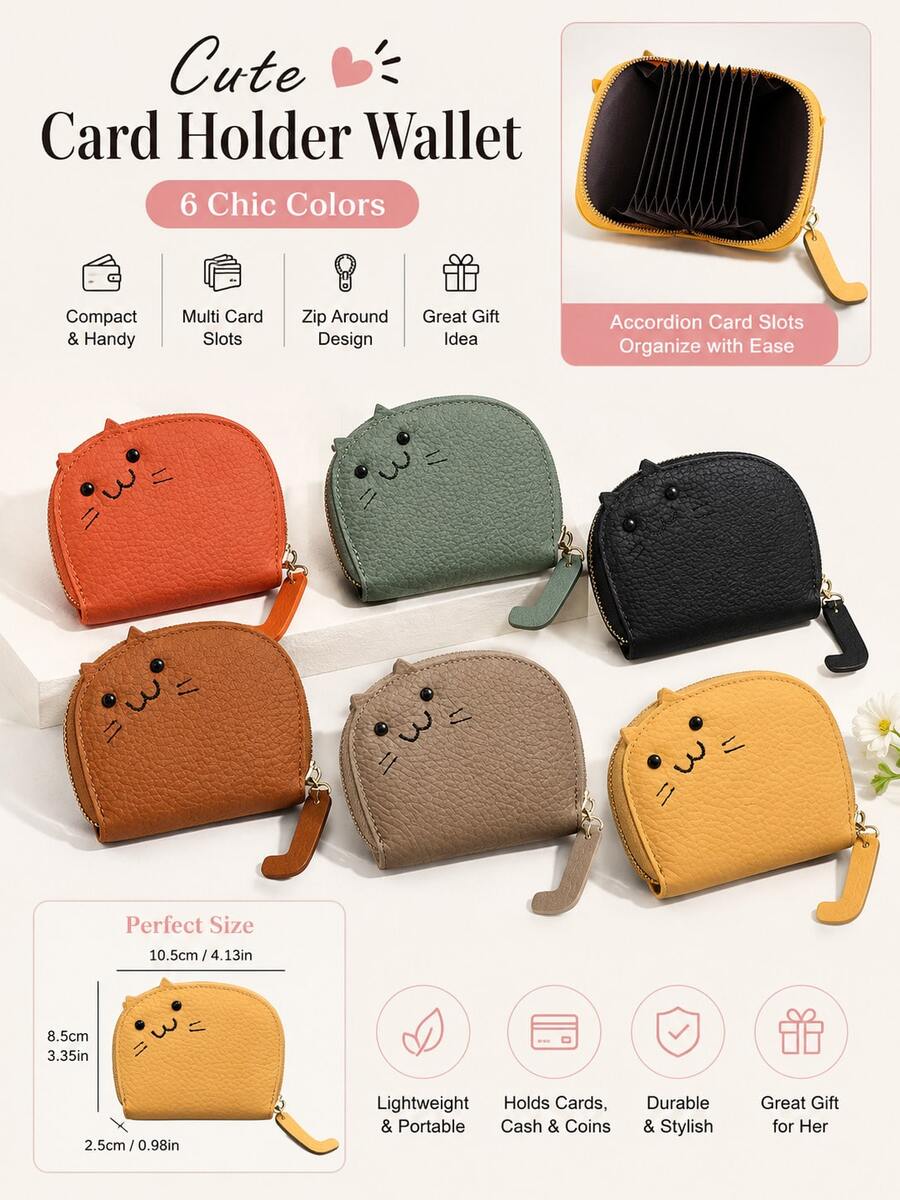 Cute Cartoon Cat Coin Purse Mini Zipper Card Holder Portable PU Leather Small Change Pouch For Women Girls Daily Use Gift, Travel Accessories - Multicolor - View 1