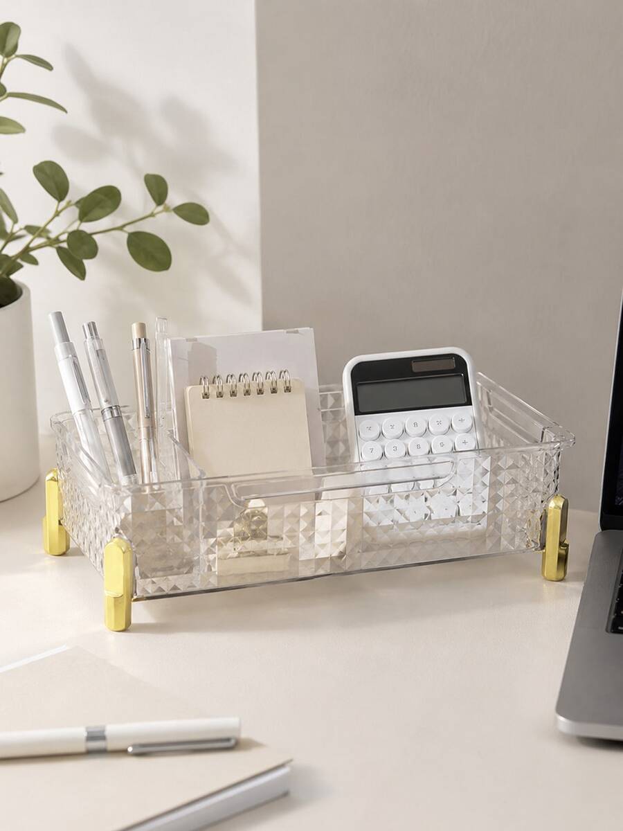 1pc/Set Transparent Cosmetic Storage Box, Diamond Texture Makeup Organizer, Skincare, Lipstick, Jewelry Vanity Countertop Storage Basket, Luxury Elegant Desktop Organizer - Multicolor - View 1