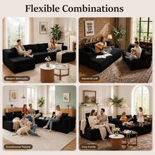 130" Cloud U-Shaped Modular Sectional Sofa, Boneless Corduroy Couch, Deep Seat Sleeper Sofa Bed With Chaise, High Density Foam, 8 Pillows, No Assembly, Oversized Living Room Couch,Black - 黑色 - 查看 3