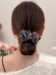 Multi-Color Navy Blue Chiffon Fabric Plastic Bird Nest Hair Clip, Expandable Ponytail Holder, Elegant Korean Slouchy Bun Styling Tool, Star-Shaped Hair Clip, Geometric Styling Tool, Suitable For Women And Girls Daily Office Work, Party, Date, Wedding, Bathroom Accessory - Multicolor - View 7