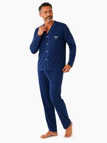 Men's Open Button Pajamas With Long Sleeves And Long Pants For Winter Post-Surgical Use In Knit Fabric - Navy Blue - View 1