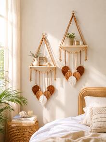 1pc Wall Shelf Bohemian Style Woven Hemp Rope Leaf Tassel Wall Shelf Wall Storage Rack Handmade Hemp Rope Wall-Mounted Shelf Succulent Aromatherapy Hanging Flower Pot Holder Entryway Jewelry And Key Display Rack For Living Room Bedroom Study Decors - Multicolor - View 2