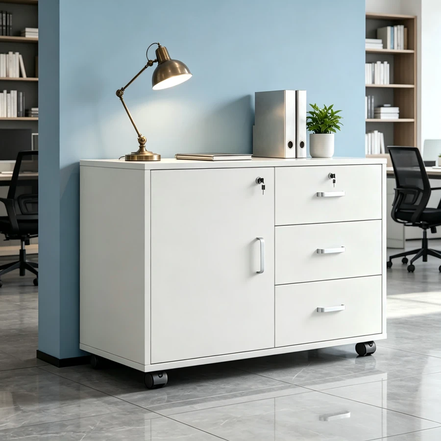 Mueble Almacenador de Oficina 60cm con Ruedas Bloqueables, Cajones y Puertas para Archivos - Blanco - Ver 1
